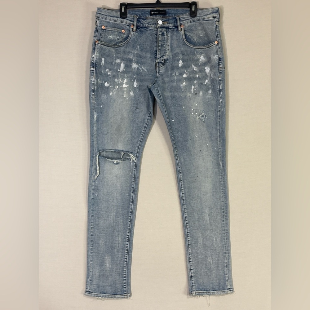 Purple Brand P001 Light Wash Paint Splatter Skinny Jeans 36